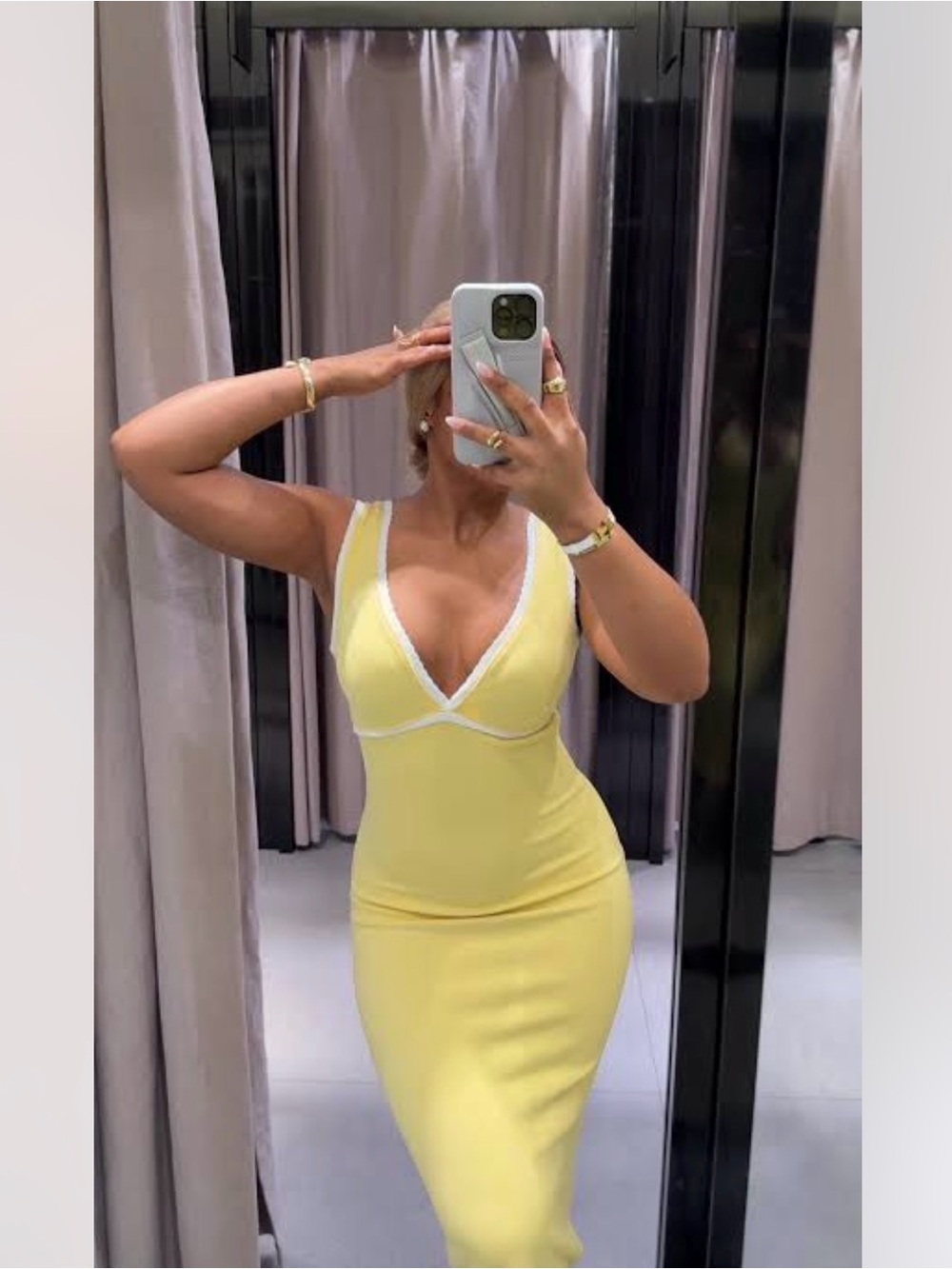 ZARA Sculpting fabric yellow bodycon dress with contrasting trim - Picture 9 of 15